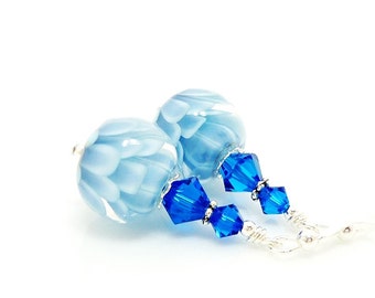Blue Earrings, Lampwork Earrings, Glass Earrings, Glass Bead Earrings, Beadwork Earrings, Lotus Flower Earrings, Unique Earrings