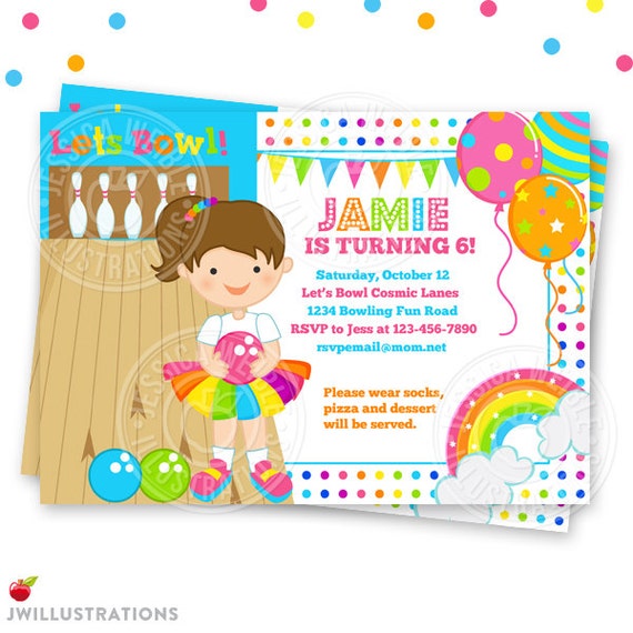 Girly Rainbow Bowling Theme - BRUNETTE - Printable Invitation- 4x6 or 5x7 Custom Party Invitation- Rainbow Bowling Party Printable Invite Il_570xn