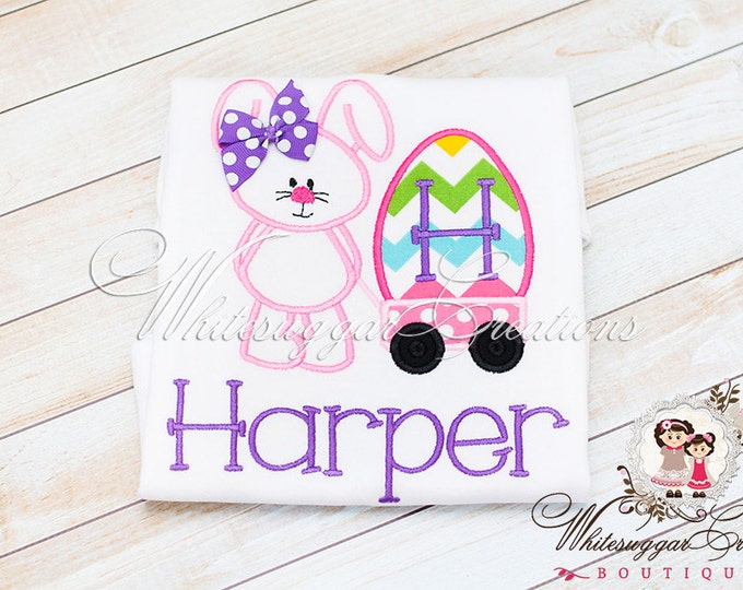 Girl Easter Shirt - Bunny with Wagon Appliqued Shirt - Custom Shirt - Personalized Girls Easter Shirt