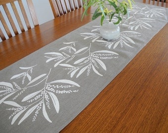 Linen Table Runner Australian Wattle Design Hand Screen Printed White&Natural
