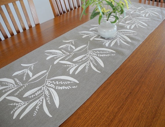 etsy White Runner Printed Linen   Hand  Table Design table runner Australian Screen Wattle linen