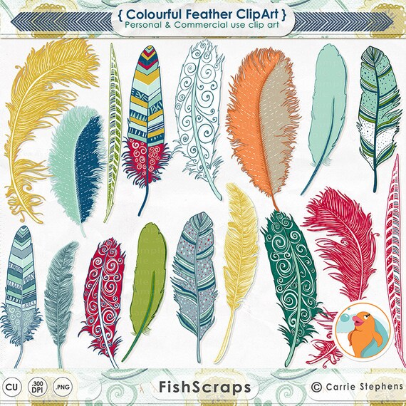 Colorful Feather Clip Art - Colorful Bird Feathers - Silhouette ClipArt - Fanciful Notions - Download - Commercial Use Il_570xn