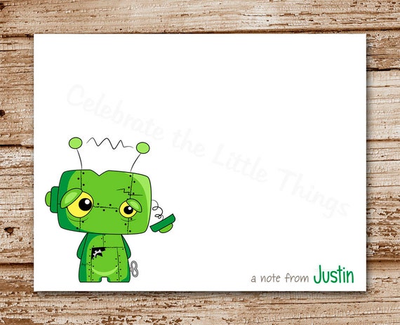 Set of 8 Robot Note Cards, Notecards | Thank You Cards | Personalized Stationery | Green Robot Il_570xn