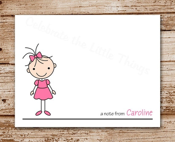 Set of 8 Stick Girl Note Cards - Stick Kids, Stick Figure, Little Girl - Personalized Stationery, Notecards Il_570xn