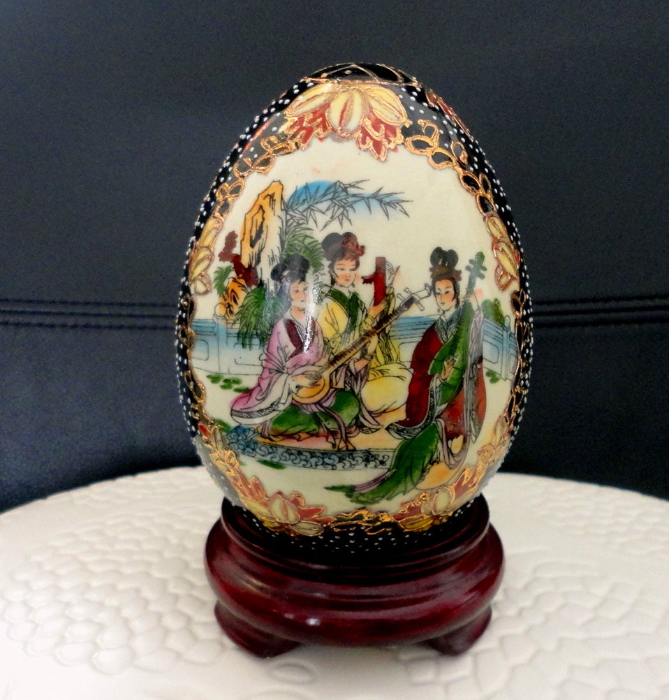 Vintage Satsuma Egg on Wooden Stand Hand Painted Porcelain