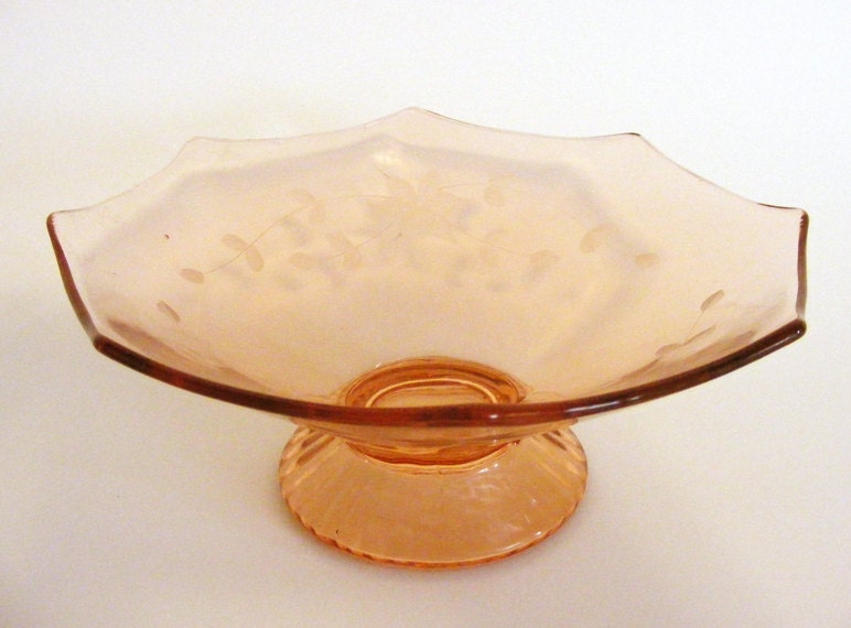 Pink Depression Glass Bowl Etched Flowers Fancy Footed by TidBitz