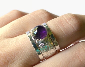 Silver amethyst ring Wide band ring promise ring stacking ring set purple amethyst gemstone ring sterling silver ring amythest ring