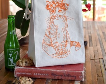 Lunch Bag - Screen Printed Recycled Cotton Lunch Bag - Reusable and Washable - Eco Friendly - Handmade - Lunch Box - Cat - Canvas Bag