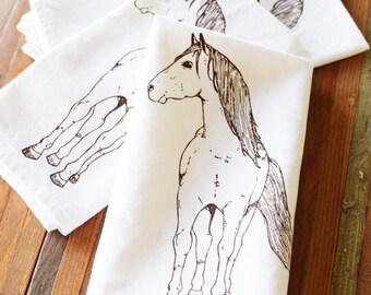 Cloth Napkins - Eco Friendly Dinner Napkins - Screen Printed Cloth Napkins - Reusable - Horse - Rustic - Handmade Cotton Cloth Napkins