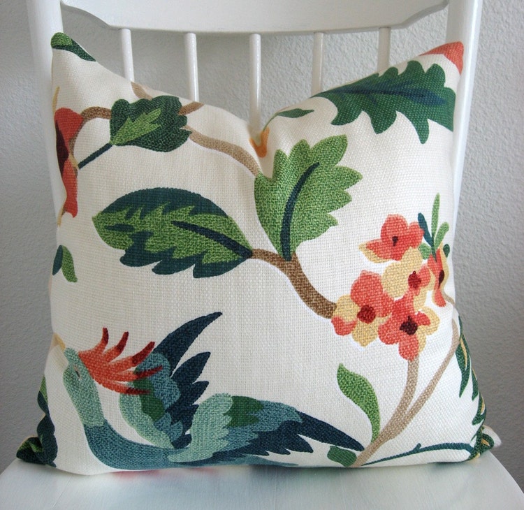 Lucy Eden colorful floral exotic bird by chicdecorpillows on Etsy