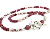 Asymmetrical Rhodanite Beads and Multi Colored Glass Beads Necklace with Pewter Flower Toggle Clasp