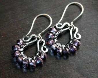 Purple dangle earrings, beaded earrings, oxidized copper earrings, wire wrapped, Czech glass, drop earrings, Mimi Michele Jewelry