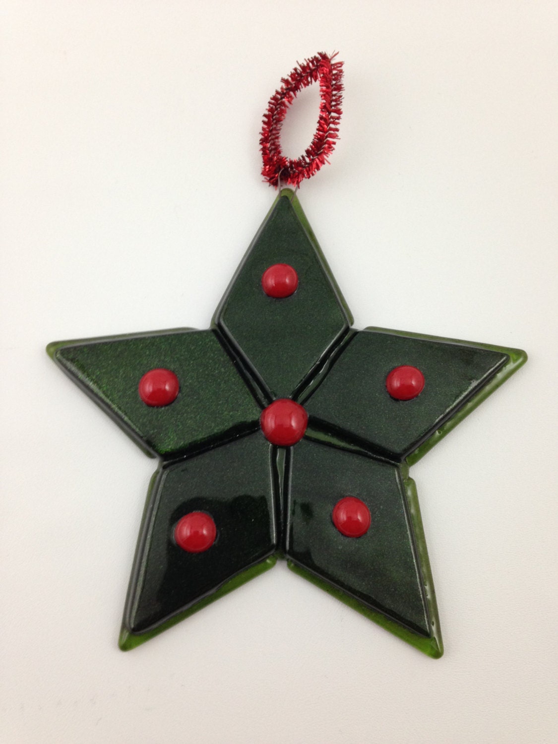 Fused Glass Star, Christmas Ornament, Decoration, Holiday, Winter, Red and Green