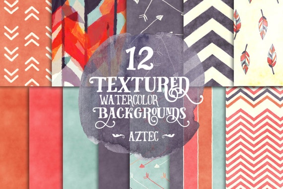 Digital Paper Pack, Watercolor Tribal Aztec, Instant Download for Background, Scrapbooking, blogs, websites