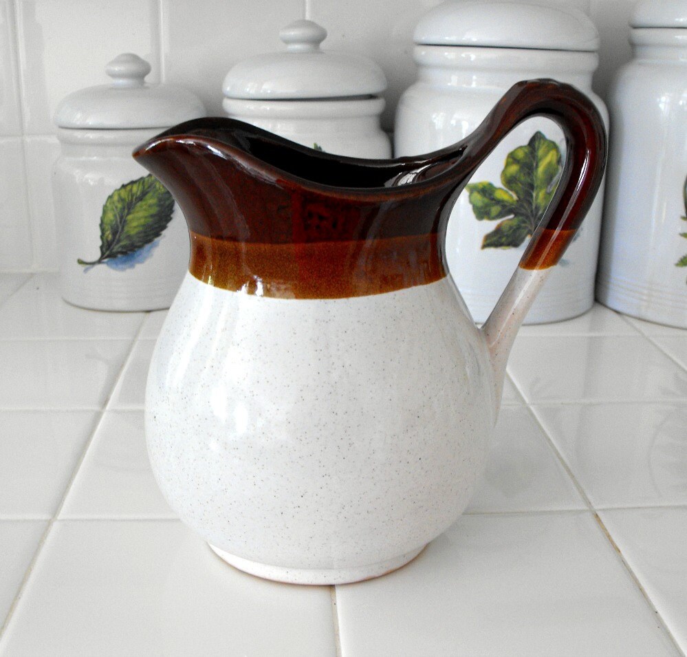 Vintage 4 Cup Browns and Cream Water Pitcher Farmhouse Country Crock