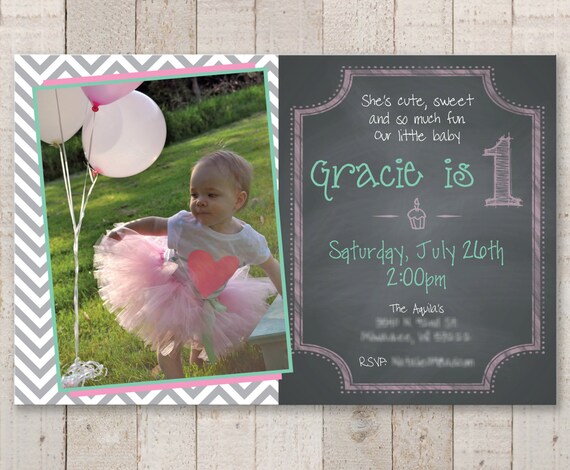 1st Birthday Invitations - Girls 1st Birthday Chalkboard Invitations - Chalkboard with Gray Chevron - Pink & Mint Green - Set of 12 Il_570xn