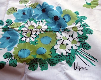 Vintage Vera Tablecloth turquoise blue white floral