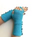 Valentine's Turquoise Fingerless Gloves, Knitted Wrist Warmers, Mittens. Heart & Assorted Vintage Buttons