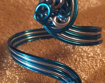 Wire Wrapped Swirl Bracelet, turquoise and blue, cuff bracelet, unique bracelet, hair cuff, aluminum wire bracelet