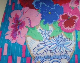 Cottage Garden Pansies Fabric, JG 09 Turquoise, Lightweight Cotton Quilting Fabric