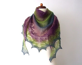 knit prayer shawl, handknit lace shawl, triangle wool scarf, purple green teal