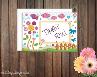 Gracias tarjetas - botones y arcos - Lalaloopsy inspirado - juego de 10 con los sobres