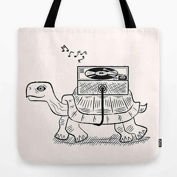 Tortoise Wax - Turtle / Vinyl - Black and White - Modern / Retro - Record bag - Tote Bag - Book Bag - 18" x 18"