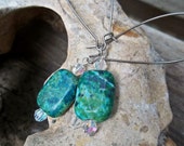 Green Jasper Drop Earrings with Swarovski Crystals - Free Shipping