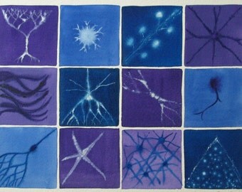 Blue and Purple Brain Cells - original watercolor painting - neurons