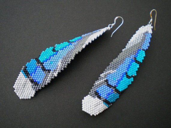 Bluejay Feather Earrings Brick Stitch Beadwork