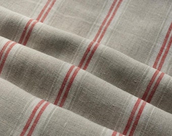 Pure linen fabric with white and red stripes-natural fabric-ecofriendly-soft