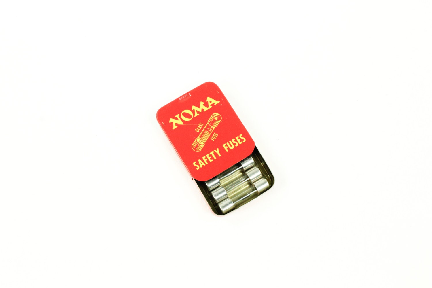 Vintage Noma Safety Fuses in Red and Yellow Sliding Tin Christmas
