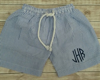 Boy's Seersucker Swim trunk with Monogram: Blue, Red or Green