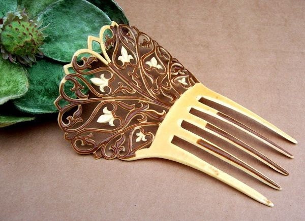 Vintage Hair Comb French Ivory Gilded by DragonsLairVintage