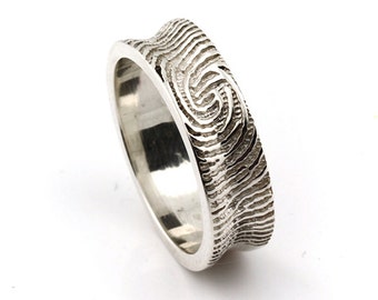 Concave Fingerprint Ring - Sterling Silver custom Engraving Wedding Band - non blackened,6mm, finger print