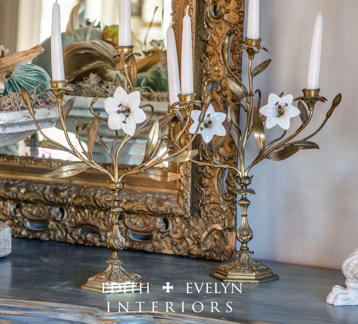 Antique French Altar Candelabra Pair Milk Glass Flowers