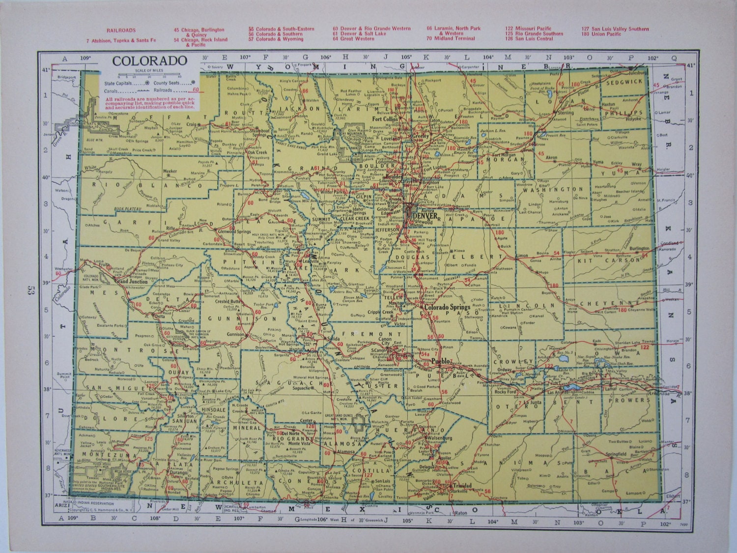 CO CT 1947 COLORADO Railroad Map. 8x11. by OriginalAntiqueMaps