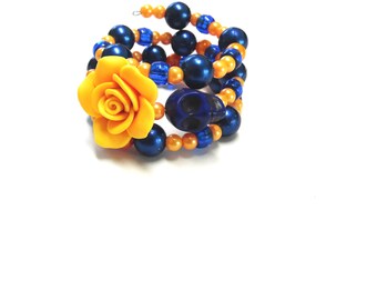 Day of the Dead Bracelet Sugar Skull Wrap Cuff Golden Yellow Navy Blue Rose