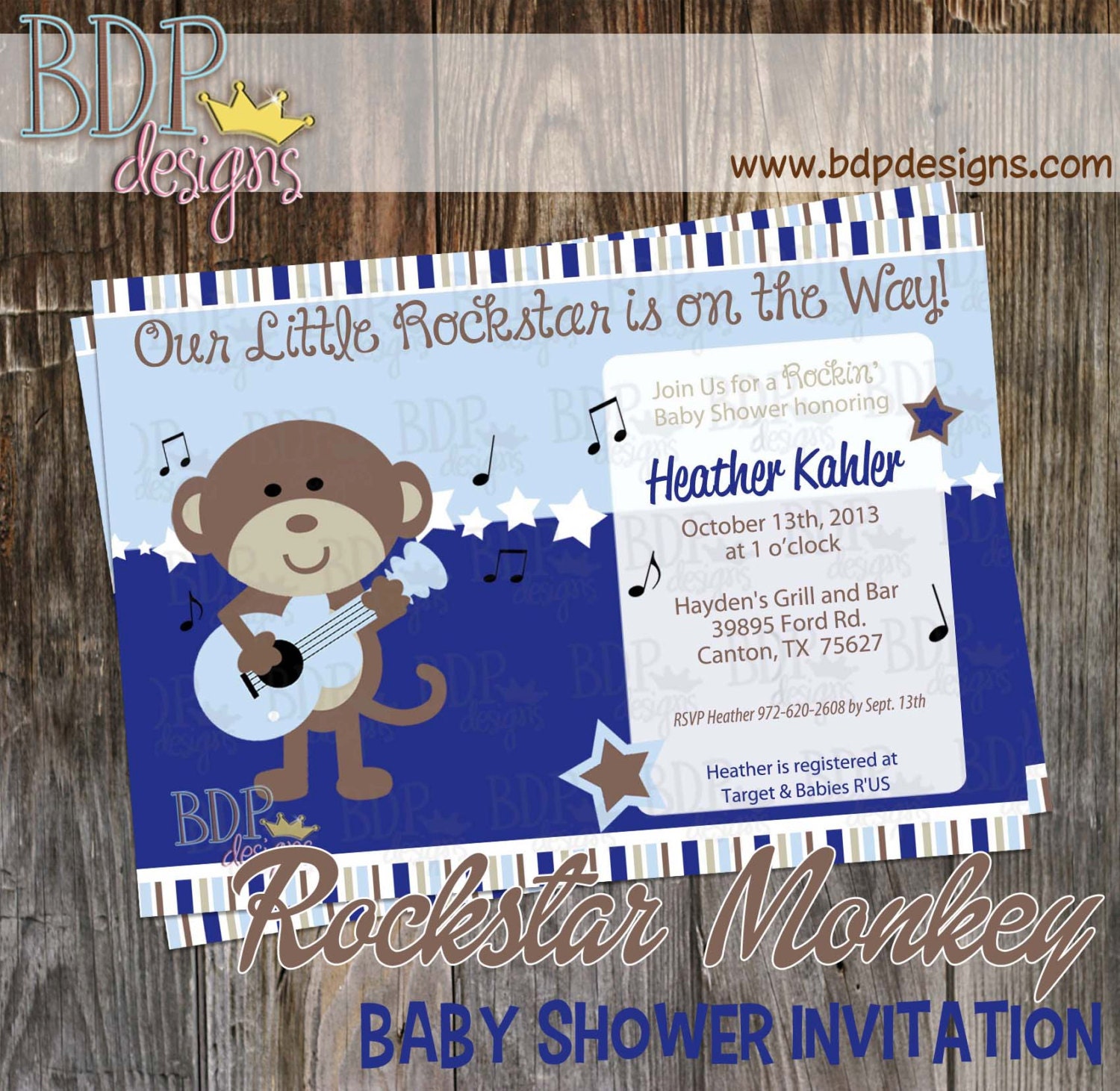 Rock Star Monkey Baby Shower Invitation Customized Digital