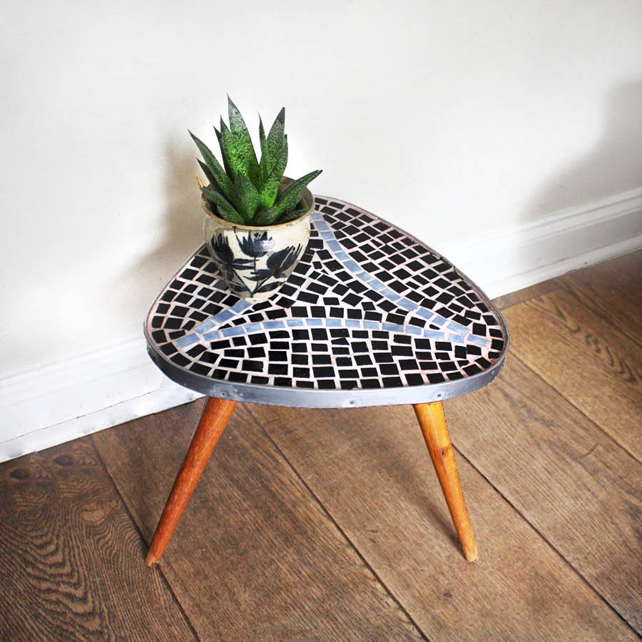 1950s Small Tripod Table/ Plant Stand. Black, Light blue, Natural Wood