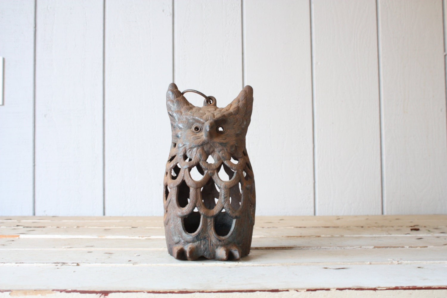 Vintage Cast Iron Owl // Candle Lantern by foxandforage on Etsy