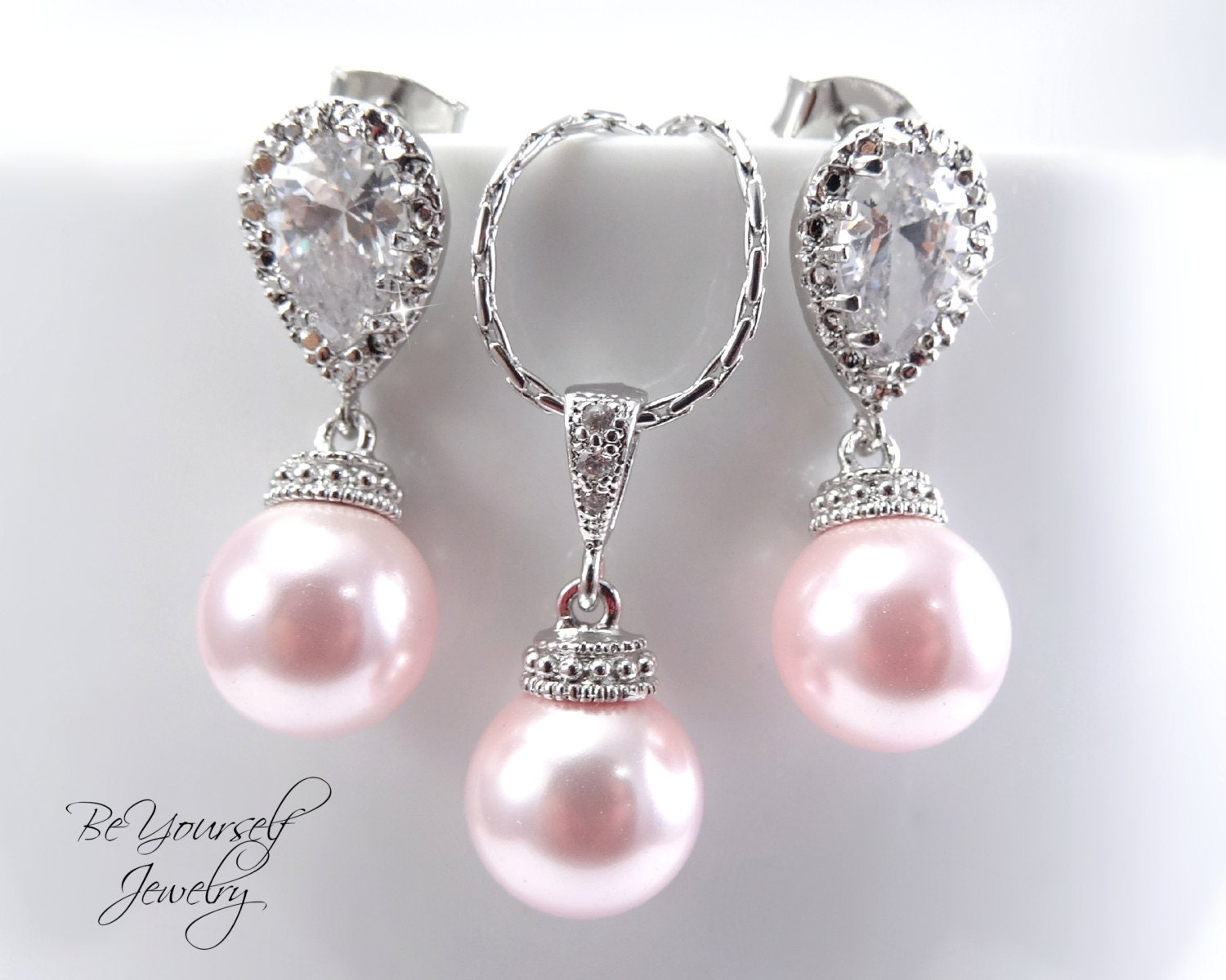 Blush Wedding Jewelry Soft Pink Pearl Bridal Earring Bride Necklace Cubic Zirconia Earring Swarovski Rosaline Pearls Bridesmaid Gift Jewelry