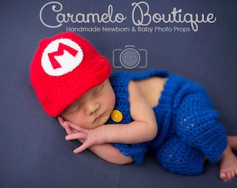 Super Mario Bros Baby Boy Outfit: Cap and Overall Set-Super Mario Newborn Photo Props-Crochet Super Mario Inspired Newborn Outfit Props