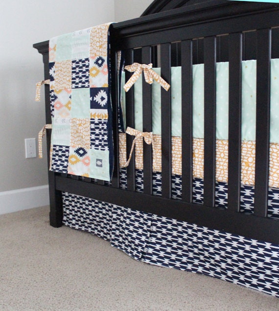 Aztec Nursery Bedding Set Mint Mustard Navy Blue Coral