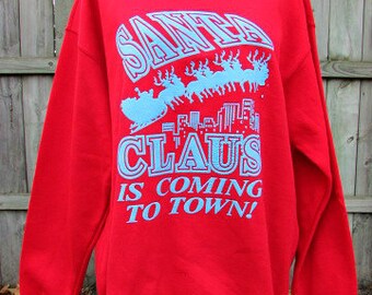 ugly christmas sweater vintage puff paint santa claus is coming to town sweatshirt l xl usa