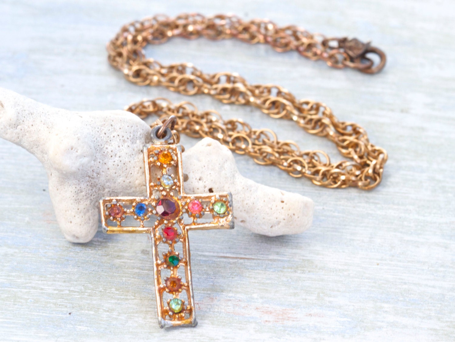 Colorful Rhinestones Cross Necklace Boho Religious Jewelry