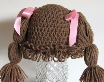 cafe brown Cabbage patch wig-hat 9-12 mon (you choose bow color)