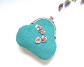 Aqua purse blue green clutch coin purse curvy purse textured linen style embroidered purse flowers spring fits credit card Liberty of London