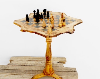 Olive Wood Unique Rustic Chess Set table 18 Inch / Wooden chess board / Birthday Gift / Dad Gift / Boyfriend Gift