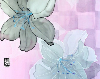 Hand painted Silk Shawl, Pink and Black Scarf, Ethereal Lilies Kimono Scarf, Pink Silk Scarf, Silk Scarves Takuyo, 22x90 in. Made to order